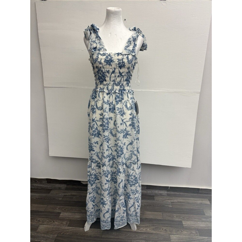 NWT Max Studio Blue Floral Smocked Maxi Dress Size L Tiered Tie Shoulder $178 - Picture 3 of 13